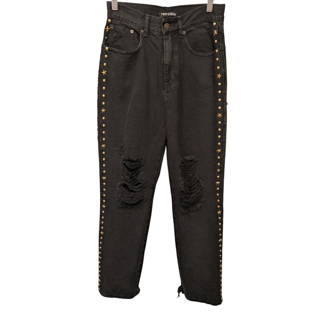 Retrofete Studded Distressed Ripped Jeans Black Tapered Size 27 Grunge Y2K Rebel